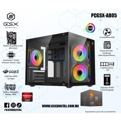 PC GAMER AMD RYZEN 7 8700G - 32GB DDR5 - 1TB SSD NVME - GABINETE CRISTAL TEMPLADO CON 3 VENTILADORES RGB - FUENTE CERTIFICADA 650W - GRAFICOS RADEON 780M