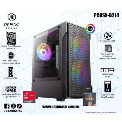 Pc Gamer Ryzen 5 - RX 7600 8Gb - 16gb Ram - SSD 500gb Nvme - Fuente Certifica 600W 