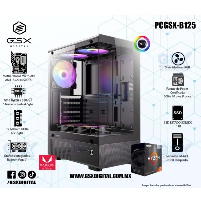 Pc Gamer Ryzen 5 5600GT- 32Gb Ddr4 - SSD 1TB  - Fuente Certificada 600W - Graficos Radeon Vega 7 -  5 ventiladores incluidos