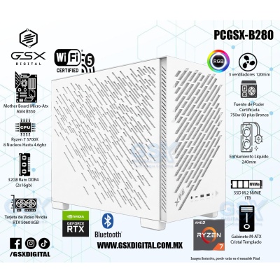 PC AMD RYZEN 7 5700X - RTX 5060 8GB - 32GB RAM RGB - 1TB SSD NVME - FUENTE 750W CERTIFICADA  - ENFRIAMIENTO LIQUIDO - WIFI Y BT