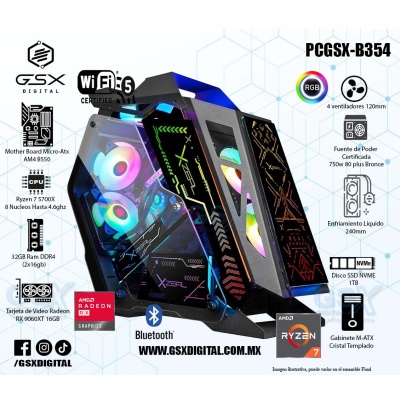 Pc Amd Ryzen 7 5700X - RX 9060XT 16gb - Ram 32gb ddr4 - SSD 1Tb Nvme - Fuente Certificada 750W - Enfriamiento liquido - Wifi y Bluetooth