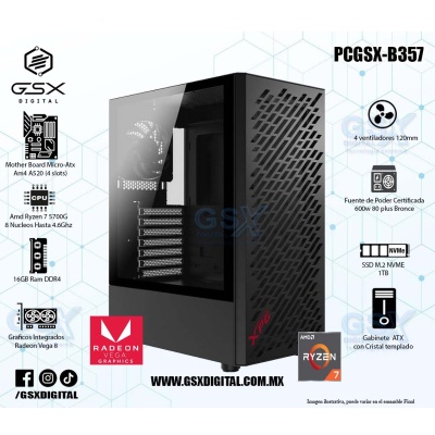 PC GAMER AMD RYZEN 7 5700G  - 16GB Ram DDR4 - 1TB SSD - CRISTAL TEMPLADO  - 4 VENTILADORES - FUENTE 600W CERTIFICADA