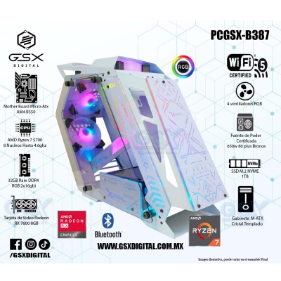 Pc Gamer Ryzen 7 5700 - RX 7600 8GB - 32Gb Ram RGB - SSD 1TB Nvme - Fuente 650W Certificada - WIFI Y BLUETOOTH