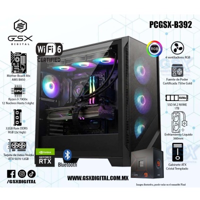 Pc Gamer Ryzen 9 7900X  - RTX 5070 12GB - 32Gb RAM DDR5 - 1Tb SSD Nvme - Fuente 750W Certificada - WIFI y Bluetooth - Enfriamiento liquido