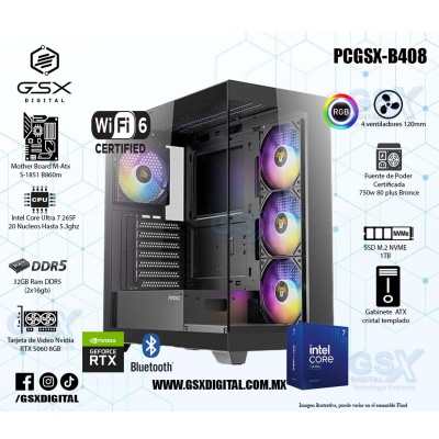 PC INTEL CORE ULTRA 7 265F - RTX 5060 8GB - 32GB RAM DDR5 - 1TB SSD NVME - FUENTE 750W CERTIFICADA - WIFI Y BT