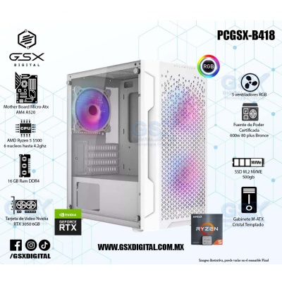 Pc Gamer Ryzen 5 - RTX 3050 6Gb - 16gb Ram Rgb - SSD 500gb Nvme - Fuente Certifica 600W