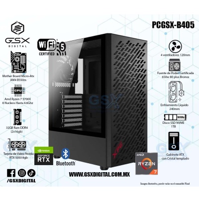 Pc Gamer Ryzen 7 5700X - RTX 5050 8GB - 32Gb Ram - SSD 1TB Nvme - Fuente Certificada 650W - wifi y bluetooth - Enfriamiento Liquido 240mm