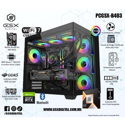 PC AMD RYZEN 7 7800X3D - 32GB RAM DDR5 - 2TB SSD NVME - T VIDEO RTX 5070 12GB - ENFRIAMIENTO LIQUIDO 360MM - FUENTE CERTIFICADA 850W GOLD - WIFI BT