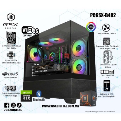 PC AMD RYZEN 5 7600X - RTX 5070 12GB - 32GB RAM DDR5 - 1TB SSD NVME - FUENTE 750W CERTIFICADA  - WIFI Y BLUETOOTH - ENFRIAMIENTO LIQUIDO