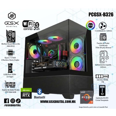 PC AMD RYZEN 7 5700X - RTX 5060 8GB - 32GB RAM - 1TB SSD NVME - FUENTE 750W CERTIFICADA  - ENFRIAMIENTO LIQUIDO - wifi y bluetooth