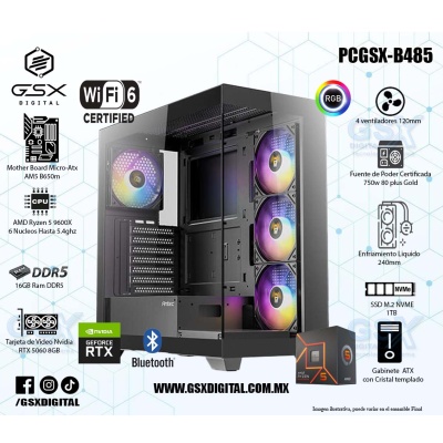 PC AMD RYZEN 5 9600X - RTX 5060 8GB - 16GB RAM DDR5 - 1TB SSD NVME - FUENTE 750W CERTIFICADA  - WIFI Y BLUETOOTH - ENFRIAMIENTO LIQUIDO
