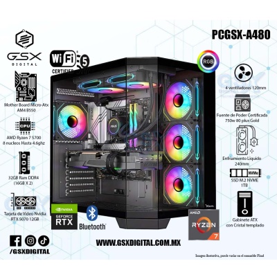 Pc Gamer Ryzen 7  - RTX 5070 12GB - 32Gb RAM Rgb - 1Tb SSD Nvme - Fuente 750W Certificada - Enfriamiento liquido - WIFI y Bluetooth