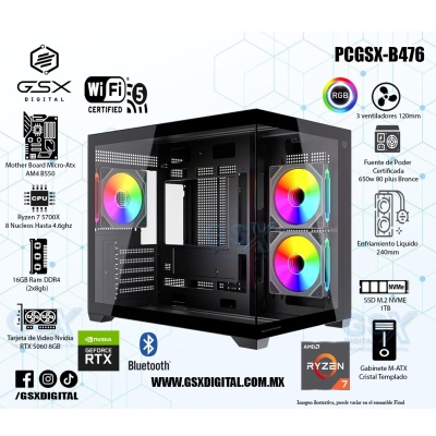 Pc Gamer Ryzen 7 5700X - RTX 5060 8GB - 16Gb Ram DDR4 - SSD 1TB Nvme - Fuente Certificada 650W - wifi y bluetooth - Enfriamiento Liquido 240mm