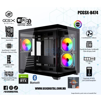 Pc Gamer Ryzen 5 5600XT - RTX 5070 12GB - 32Gb RAM Rgb - 1Tb SSD Nvme - Fuente 750W Certificada - WIFI y Bluetooth