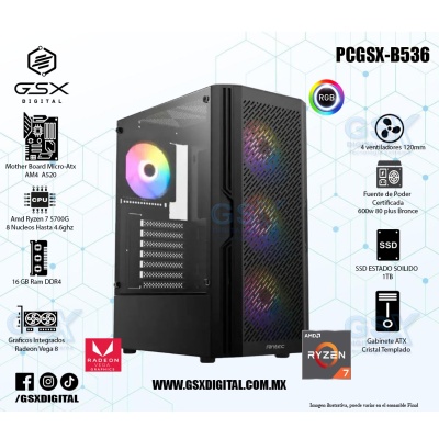 Pc Gamer Ryzen 7 5700G- 16Gb Ddr4 - SSD 1TB  - Fuente Certificada 600W - Graficos Radeon Vega 8